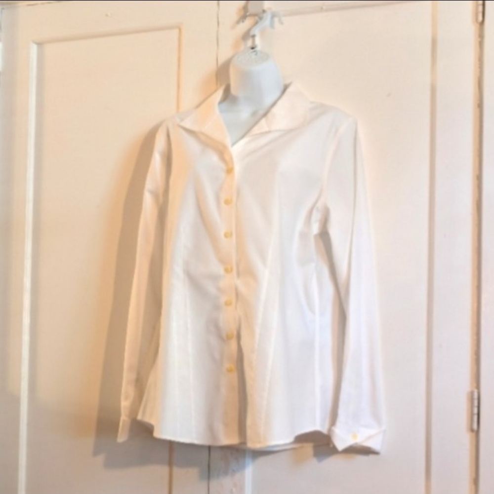 Coldwaler Creek White No Iron Blouse, 14, L, Perfect NWOT, Long Sleeves, Collar